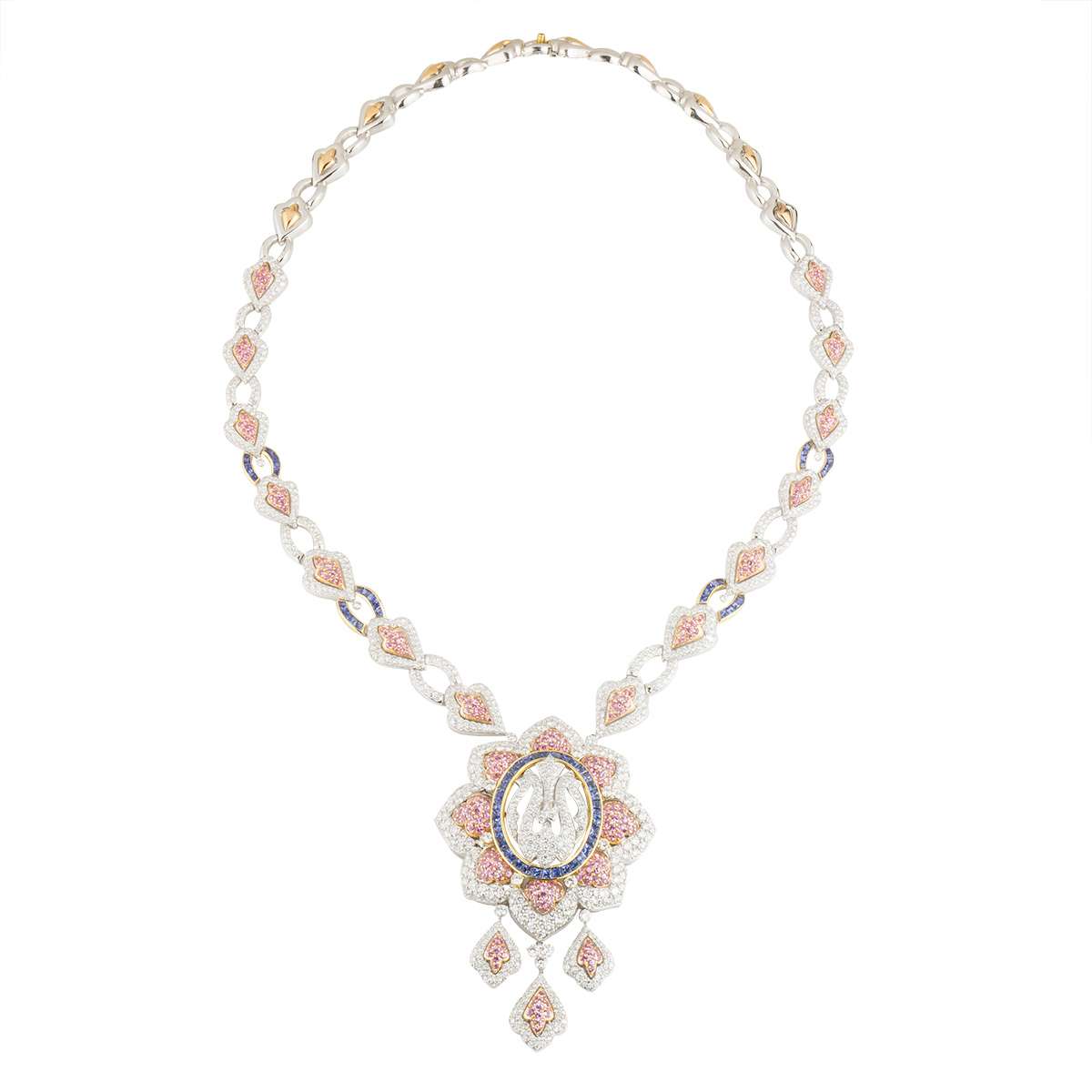 White Gold Diamond, Sapphire and Topaz Allah Necklace | Rich Diamonds